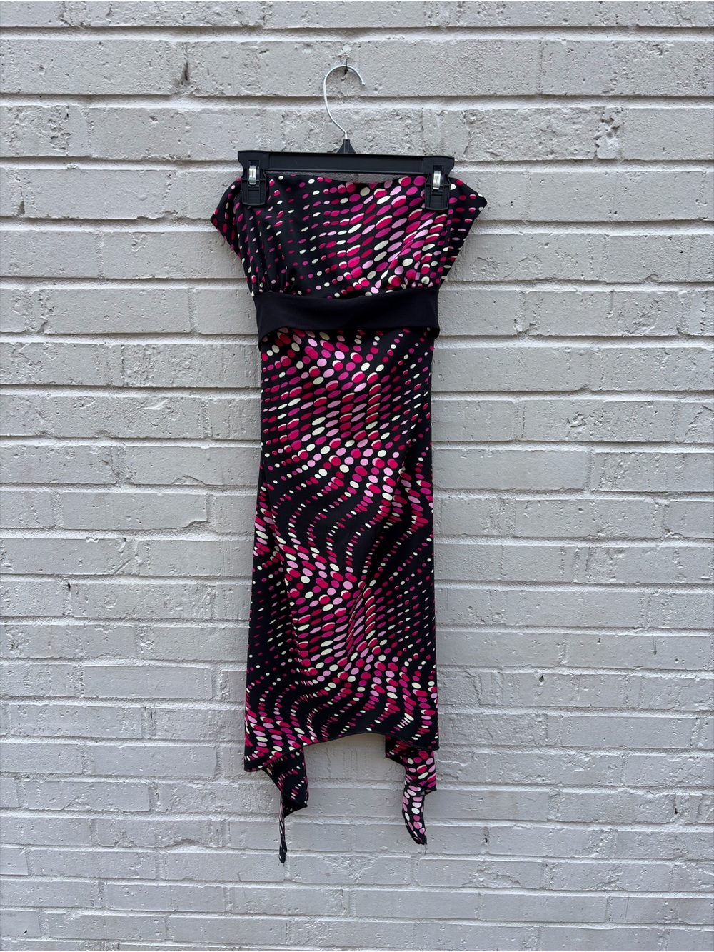 Vintage Y2k Charlotte Russe Strapless Black Dress w Pink & White Dot Wave Print